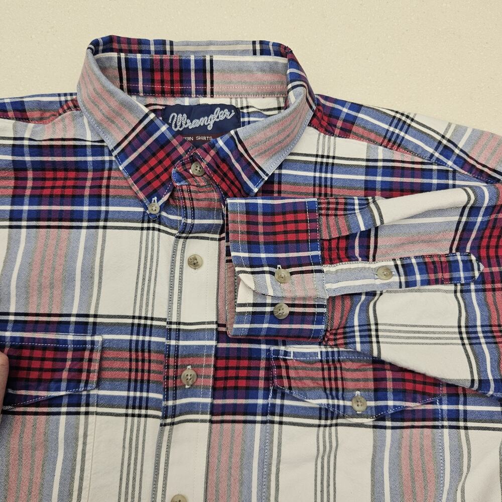 Wrangler Shirt Mens 2XL Red White Blue Button Up Cowboy Western Plaid Cotton